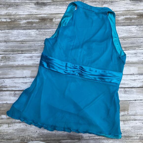 VTG Y2K Silk Halter Top Med/LG Blue Babydoll Ribbon Chiffon V Neck Coquette - Picture 12 of 12